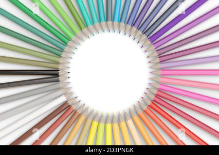 Jeu de crayons de couleur disposés en cercle sur fond blanc. illustration 3d. Banque D'Images