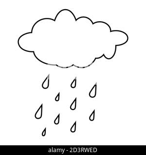 Contour de nuage de pluie isolé sur blanc. Dessin animé, contour de prévision automnale avec gouttes d'eau. Illustration du cumulus pluvieux avec des gouttelettes tombant. V Illustration de Vecteur