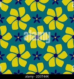 Motif floral avec fleurs exotiques de fantaisie jaunes et bleues sur fond vert. Illustration. Banque D'Images