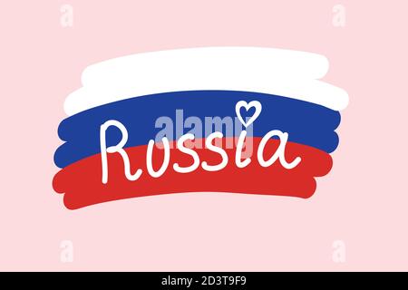 Drapeau national de la Russie, tricolore blanc bleu rouge. Drapeau stylisé, coeur de Russie avec amour, illustration de texte vectoriel à main levée Illustration de Vecteur