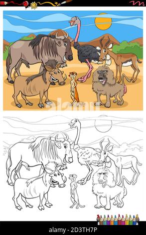 Dessin animé Illustration de la page de livre de coloriage de groupe de caractères d'animal Illustration de Vecteur