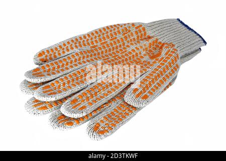 Les gants en coton pour les tâches ménagères s'isolent sur un fond blanc. Banque D'Images