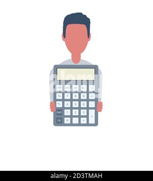 Homme d'affaires ou commis tient une calculatrice. Personnage masculin dans un style simple tendance avec objets, illustration vectorielle plate. Concept d'entreprise. Isolé sur Illustration de Vecteur