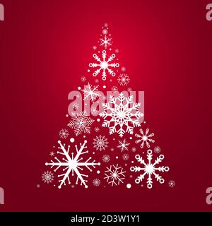 Sapin de Noël avec flocons de neige blancs et boules de neige sur fond rouge. Décoration de luxe. Carte de voeux avec sapin de noël. Design hivernal Illustration de Vecteur