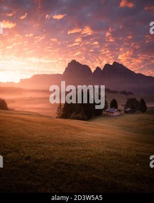 Lever du soleil dans les Dolomites Alpe di Siusi Banque D'Images