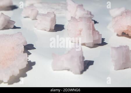 Bande de cristaux de flocons de sel blanc rose sur une surface brillante réfléchissante blanche. Spa Resort Contrast Contrast Sunny Contrast gros plan avec sélectif foc Banque D'Images