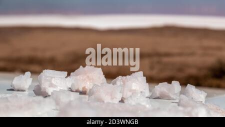 Flocon de sel blanc rose cristaux de bande sur la surface blanche réfléchissante avec le fond rose flou lac salé paysage. Station thermale ensoleillée en gros plan Banque D'Images