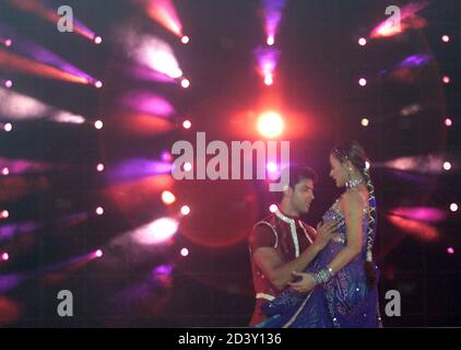 Indian Actor Hrithik Roshan L Dances With Actress Namrata Shirodkar During A Concert In The Indian Capital Of New Delhi February 23 2001 Many Bollywood Film Stars Participated In The Show And