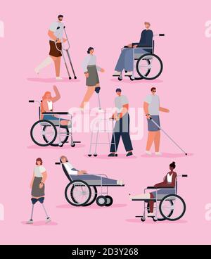 dessins animés de personnes handicapées avec prothèse de fauteuil roulant et moulé sur le rose conception vectorielle d'arrière-plan Illustration de Vecteur