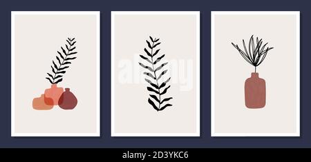 Ensemble de 3 affiches esthétiques modernes pour la décoration de la maison, invitation, cartes de vœux. Illustrations minimalistes abstraites avec éléments dessinés à la main Illustration de Vecteur