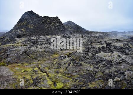 La vapeur s'élève du sol dans les champs de Lava de Krafla, dans la région du lac Myvatn, dans le nord de l'Islande. La mousse verte couvre la roche volcanique noire. Banque D'Images