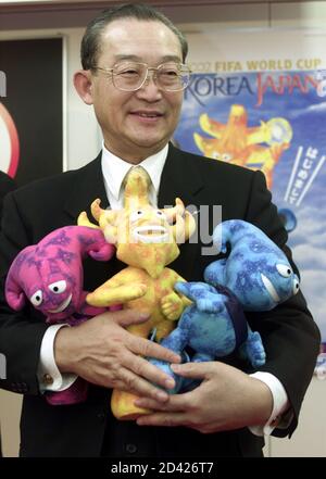 The Three Official Mascots Of The 02 World Cup Soccer Tournament L R Nik Kaz And Ato Gather To Promote The Event At A Press Conference Which Was Attended By Fifa President Sepp Blatter On The Eve Of The Confederations Cup Soccer Tournament In