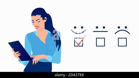 Vecteur d'une femme d'affaires donnant une excellente évaluation pour la satisfaction en ligne enquête Illustration de Vecteur