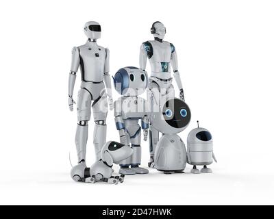 groupe de rendu 3d de robots d'automatisation ou d'assistants robots activé arrière-plan blanc Banque D'Images