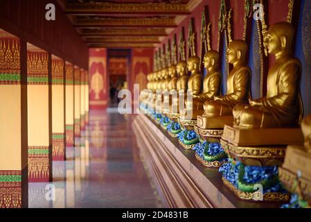 Le paysage de la rangée de Buddhas à l'intérieur du temple Wat Bang Thong (pagode dorée) dans la province de Krabi, en Thaïlande. Banque D'Images