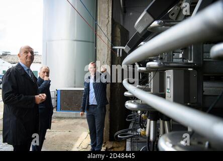 07 octobre 2020, Brandenburg, Kloster Lehnin/OT Netzen: Dietmar Woidke (l, SPD), ministre-président de Brandenburg, et Nicholas O'Brien (M), ambassadeur d'Irlande, visitent l'Agrargesellschaft Emster-Land mbH lors de sa visite inaugurale à Brandenburg et sont présentés le salon de traite par Paul Costello (r), l'un des directeurs généraux. La ferme a été reprise par la famille irlandaise Costello en 2014. Depuis deux ans, l'Agrigesellschaft est convertie au système irlandais de pâturage sans gestion de grange. De cette façon, les vaches de la race Jersey/Holstein Friesian restent sur les pâturages toute l'année. Le Banque D'Images