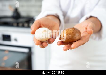 Vue des mains du chef montrant des champignons de différentes nuances. Gros plan. Banque D'Images