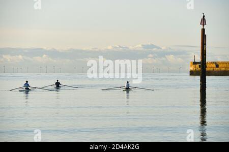 Brighton Royaume-Uni 9 octobre 2020 - UN cormorant montres en tant que rameurs et sculpteurs du Shoreham Rowing Club Profitez d'une belle matinée calme et ensoleillée au port de Shoreham près de Brighton . En arrière-plan, le parc éolien de Rampion peut être vu à l'horizon : crédit Simon Dack / Alamy Live News Banque D'Images