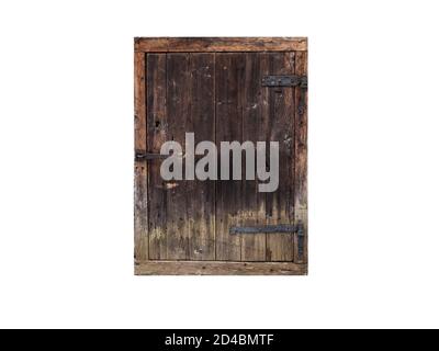 Ancienne porte en bois sombre et grundy isolée sur fond blanc Banque D'Images