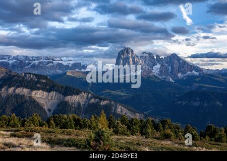 Le soir, la lumière du soleil prend sur les sommets du Groupe Langkofel dans les Dolomites, près de la ville d'Ortisei (St. Ulrich/ Urtijëi) dans le Tyrol du Sud, Italie Banque D'Images