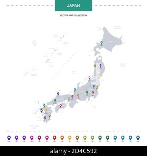 Carte du Japon avec repères d'emplacement. Modèle vectoriel d'infographie, isolé sur fond blanc. Illustration de Vecteur