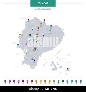 Carte de l'Équateur avec repères de localisation. Modèle vectoriel d'infographie, isolé sur fond blanc. Illustration de Vecteur