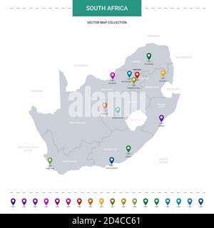 Carte de l'Afrique du Sud avec repères de localisation. Modèle vectoriel d'infographie, isolé sur fond blanc. Illustration de Vecteur