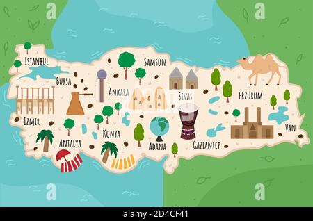 Carte de la Turquie. Illustration de voyage avec des monuments turcs, des bâtiments, de la nourriture et des plantes. Infographies touristiques amusantes. Symboles nationaux. Célèbre Illustration de Vecteur