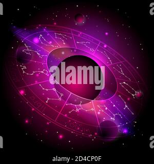 Illustration vectorielle d'un cercle d'horoscope avec des signes de zodiaque sur fond d'espace avec des planètes, des étoiles. Symboles sacrés de couleur rouge et pourpre. JE Illustration de Vecteur