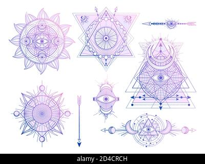 Ensemble vectoriel de symboles de géométrie sacrée avec lune, soleil, œil et flèches sur fond blanc. Collection de signes mystiques abstraits. Formes linéaires colorées. Pour Illustration de Vecteur