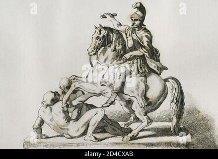 John III Sobieski (1629-1696). Roi de Pologne et grand-duc de Lituanie (1674-1696). Statue dédiée au héros polonais dans le parc Lazienki, Varsovie. Gravure par Lemaitre, Vernier et Lafon. Histoire de la Pologne, par Charles Foster. Panorama universel, 1840. Banque D'Images