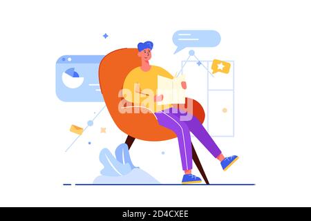 Homme assis sur un fauteuil et lisant un article de journal à plat style Illustration de Vecteur