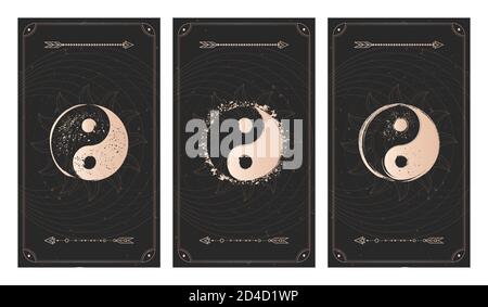 Ensemble vectoriel de trois signes yin yang sur fond sombre avec forme géométrique, textures et cadres grunge. Symboles avec éléments de grunge. Illustration dans Illustration de Vecteur