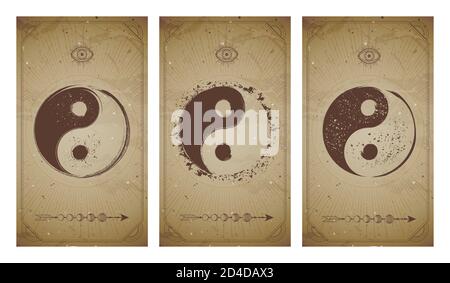 Ensemble vectoriel de trois signes yin yang sur fond vintage avec des symboles de forme et des cadres. Symboles avec éléments de grunge. En sépia. Pour votre conception Illustration de Vecteur
