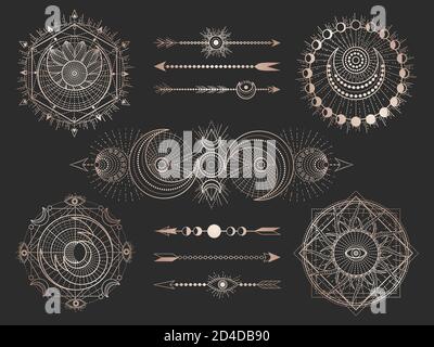 Ensemble vectoriel de symboles géométriques et de chiffres sacrés sur fond noir. Collection de signes mystiques abstraits. Formes linéaires en or. Pour vous le design ou la magie Illustration de Vecteur