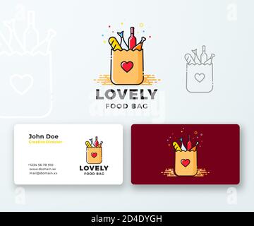 Joli sac en papier avec symbole coeur, pain, vin, poisson. Logo abstrait Vector et modèle de carte de visite. Affiche de magasinage ou de livraison. Icône de restauration Illustration de Vecteur