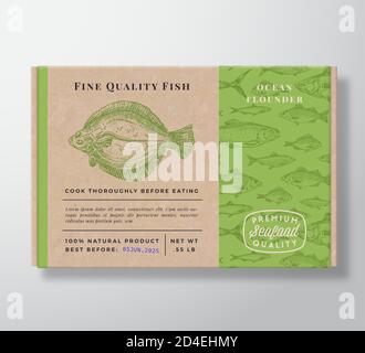 Conteneur en carton réaliste avec motif de poisson. Résumé Vector Seafood Packaging Design ou Label. Typographie moderne, silhouette de plie dessinée à la main Illustration de Vecteur