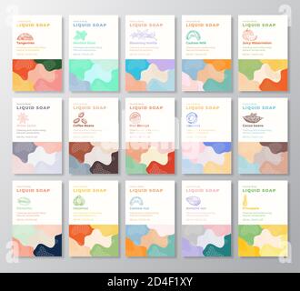 Collection de modèles d'étiquettes de savon liquide. Formes abstraites Camo fond vecteur couvertures ensemble. Pack de conception d'emballages cosmétiques. Noix dessinées à la main, fruits Illustration de Vecteur