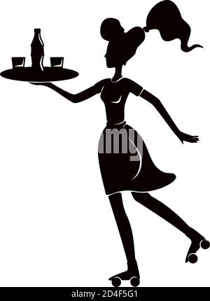 Rouleau de serveuse tenant le plateau dans les mains silhouette noire illustration vectorielle Illustration de Vecteur