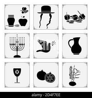 Illustration vectorielle fêtes juives symboles traditionnels miel, pomme, abeille, allures, chapeau, dreidel, pièces de monnaie, menorah chandelier, colombe, carafe d'huile, pomegrana Illustration de Vecteur