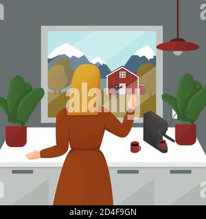 Caricature vecteur femme de la cuisine avec machine à café et tasses est regardant à la fenêtre et de la main de la main de la voisine. C'est l'automne, l'hiver, il y a un Banque D'Images