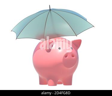 Tirelire sous parapluie. 3D illustration Banque D'Images
