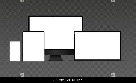 Ordinateur portable, tablette de scénario réaliste, ordinateur et téléphone mobile moniteur template Illustration de Vecteur