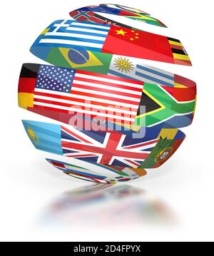 Globe of World Flags, spirale montrant des symboles internationaux, ruban blanc sur fond Banque D'Images