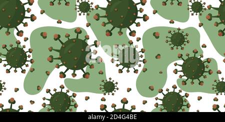 Virus Green Corona (groupe de virus ARN) motif sans couture sur fond blanc et vert Illustration de Vecteur