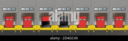 Le concept d'un grand entrepôt de distribution avec une porte pour le chargement des marchandises. Illustration de Vecteur