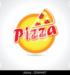 Pizza avec saucisse et champignons délivrant le logo. Concept de l'affiche fastfood à tarte. Café créatif, pizzeria, restaurant, service de messagerie de bar à déjeuner. Illustration de Vecteur