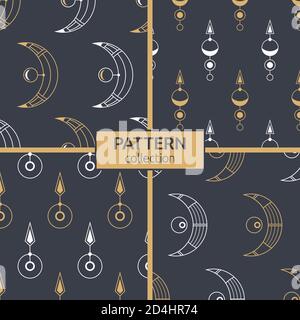 Ensemble de quatre symboles géométriques sacrés motifs sans couture. Texture moderne et élégante. Style linéaire. Décoration intérieure, papier numérique, Web, impression textile. Illustration de Vecteur