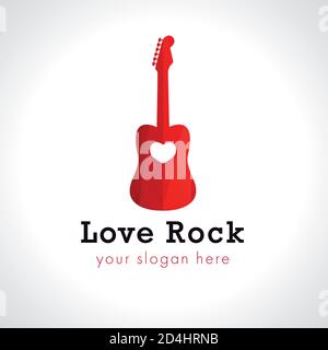 Concept de logo Love rock. Guitare espagnole rouge, idée de marque. Signe d'identité de vecteur de musique. Symbole événements artistiques et visites. Icône du spectacle rock en direct abstrait isolé Illustration de Vecteur