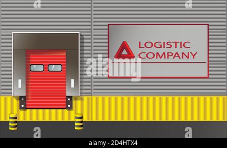 Bâtiment d'entrepôt avec portes de chargement, enseigne de la société à l'extérieur. Illustration de Vecteur
